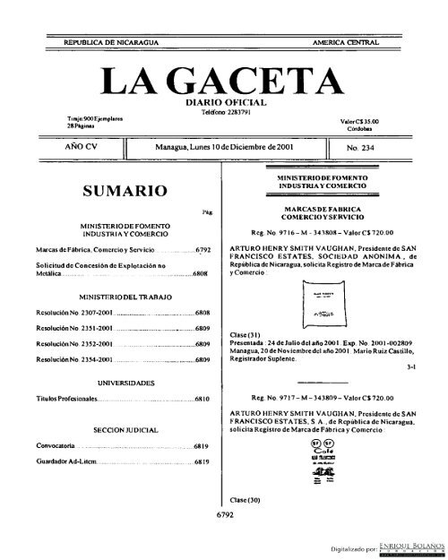 Gaceta - Diario Oficial de Nicaragua - Biblioteca Enrique Bolaños