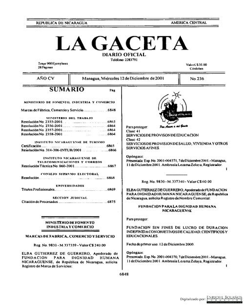 Gaceta - Diario Oficial de Nicaragua - # 236 de 12 Diciembre 2001