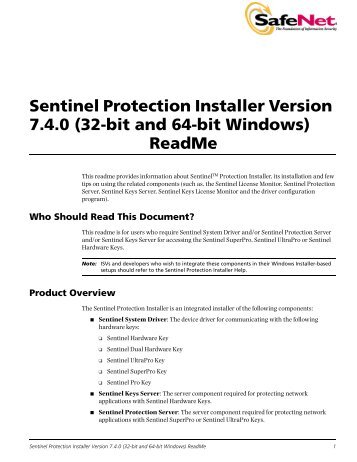 Sentinel Protection Installer Version 7.4.0 (Windows) ReadMe