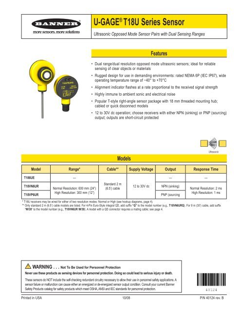 U-GAGE T18U Ultrasonic Series - Banner Engineering