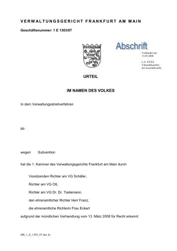 VERWALTUNGSGERICHT FRANKFURT AM MAIN URTEIL IM ...