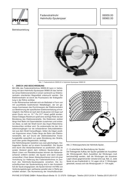 Bedienungsanleitung zu PHYWE-Fadenstrahlrohr