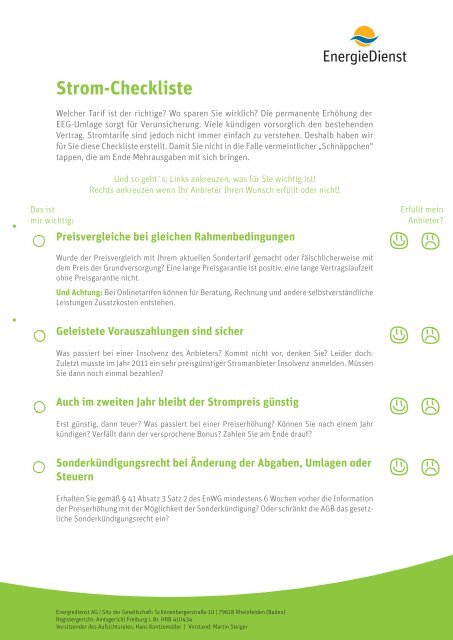 Strom-Checkliste 07623/92-1247 - Energiedienst AG