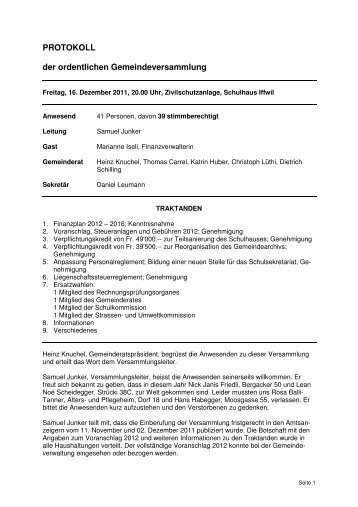 Protokoll der Gemeindeversammlung vom 16.12.2011 - Iffwil