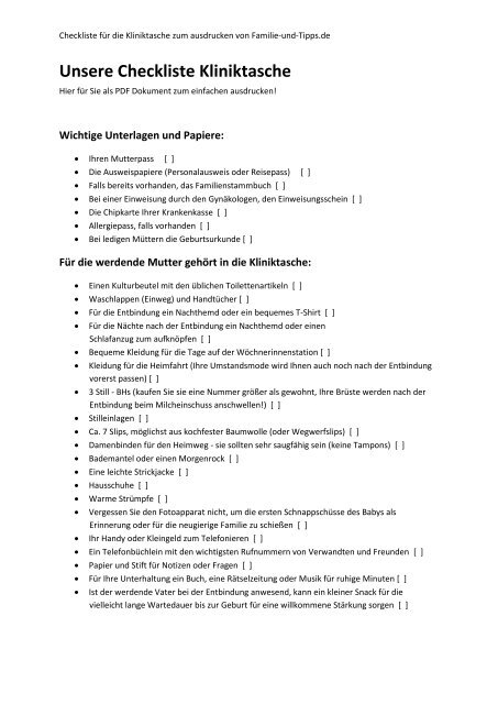 Unsere Checkliste Kliniktasche Familie Und Tipps De