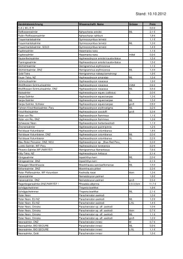 Stockliste Fische - Diskuszucht Pieler