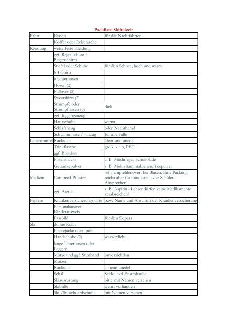 Packliste Skifreizeit Fahrt Kissen für die Nachtfahrten ... - Aragri.de