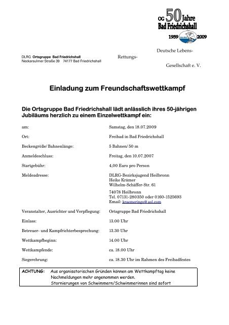 Einladung zum Freundschaftswettkampf - DLRG-Jugend Württemberg