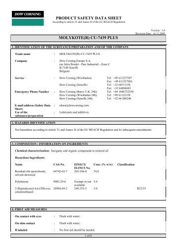 PRODUCT SAFETY DATA SHEET MOLYKOTE(R) CU-7439 PLUS