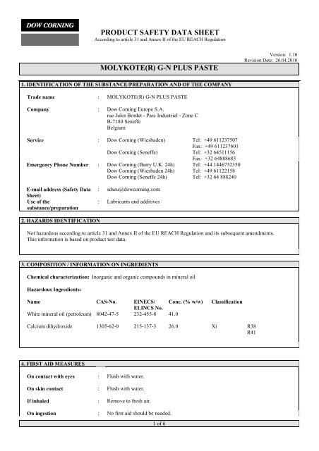 product safety data sheet molykote(r) gn plus paste - Direct Aviation