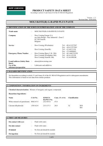 PRODUCT SAFETY DATA SHEET MOLYKOTE(R) G-RAPID PLUS ...