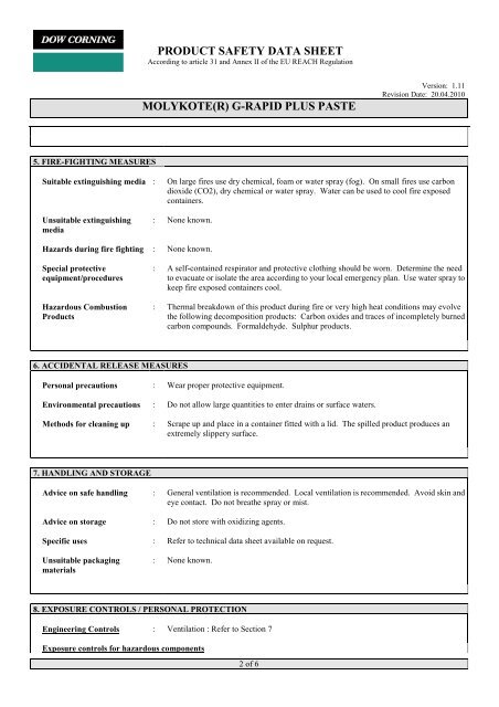 PRODUCT SAFETY DATA SHEET MOLYKOTE(R) G-RAPID PLUS ...