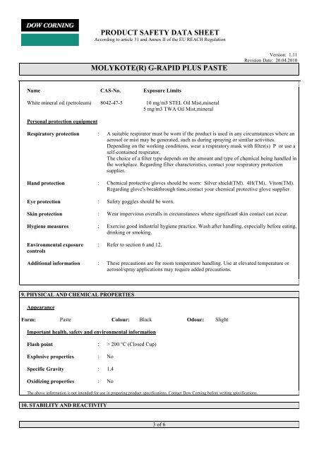 PRODUCT SAFETY DATA SHEET MOLYKOTE(R) G-RAPID PLUS ...