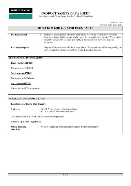 PRODUCT SAFETY DATA SHEET MOLYKOTE(R) G-RAPID PLUS ...