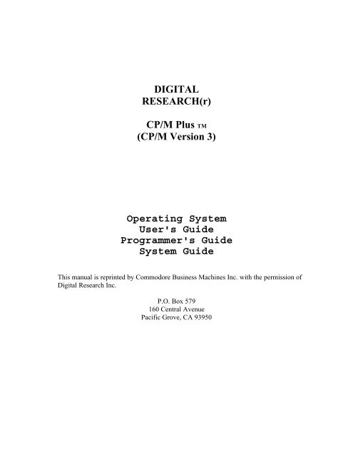 DIGITAL RESEARCH(r) CP/M Plus TM (CP/M Version 3) Operating ...