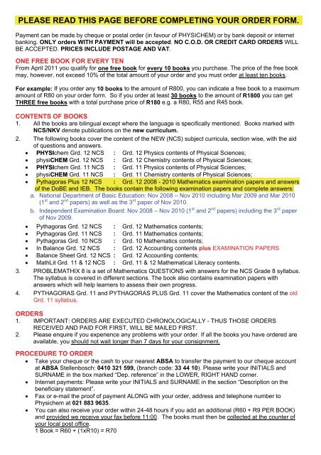 please read this page before completing your order form. - Fisichem
