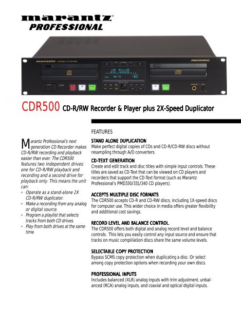 CDR500 CD-R/RW Recorder & Player plus 2X ... - Parts Express