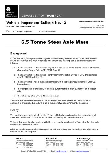 6.5 Tonne Steer Axle Mass - Department of Transport