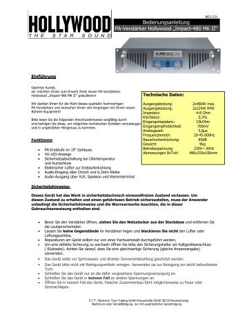 Bedienungsanleitung PA-Verstärker Hollywood „Impact-480 ... - ETT