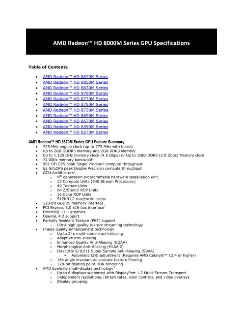 AMD Radeon™ HD 8000M Series GPU Specifications