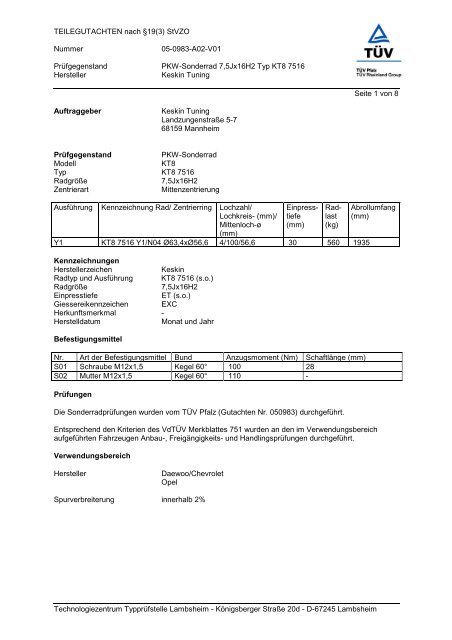 TEILEGUTACHTEN nach §19(3) StVZO Nummer 05 ... - Keskin Tuning