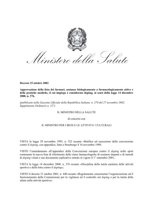 Decreto 15 ottobre 2002 - Ministero della Salute