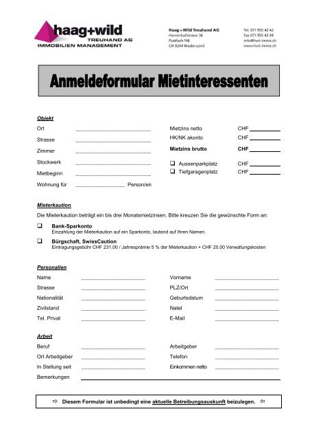 Anmeldeformular für Mietinteressenten (pdf) - Haag und Wild