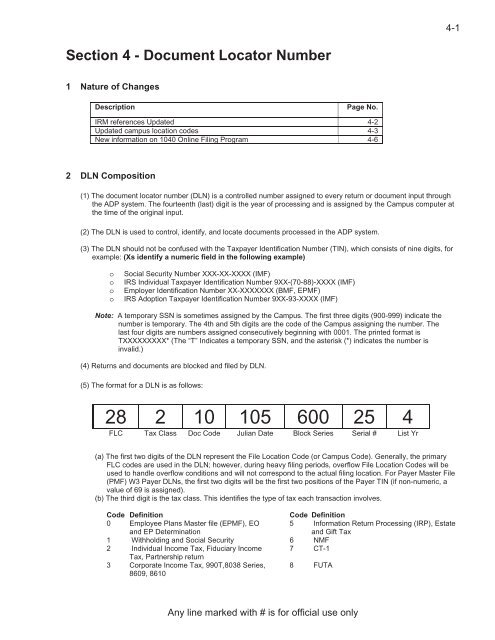 Section 4 Document Locator Number Internal Revenue Service