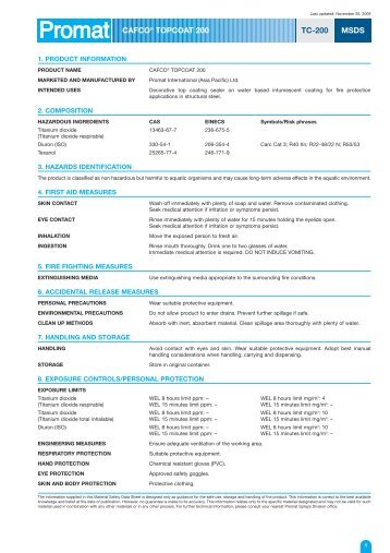 CAFCO® TOPCOAT 200 MSDS TC-200 - Promat Asia Pacific