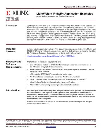 Xilinx XAPP1026 LightWeight IP (lwIP) Application Examples (v3.2 ...