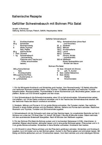 Italienische Rezepte Gefüllter Schweinebauch mit Bohnen Pilz Salat