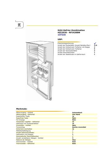 Kühl-Gefrier-Kombination HZI2026 - RFI4208W 137216 USP ...