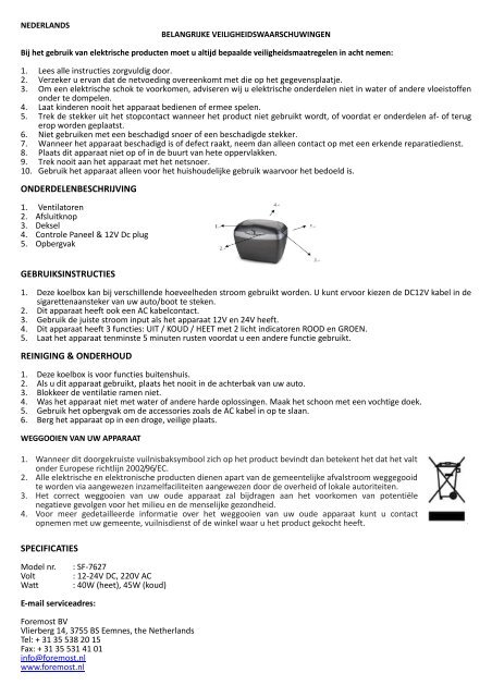 EN SF-7626 Cooler box Instruction for use DE SF-7626 Kühlbox ...