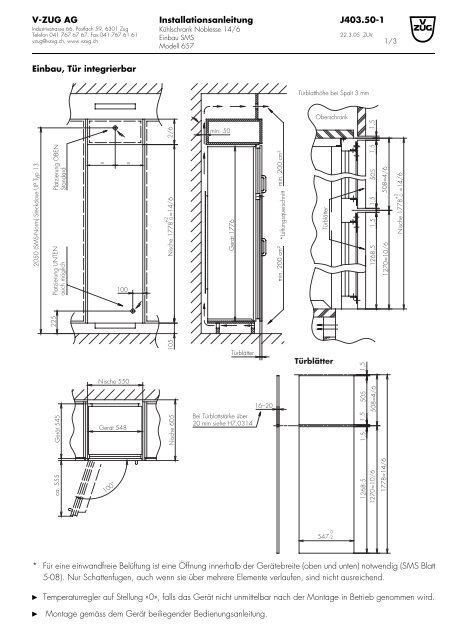 Installationsanleitung V ZUG AG J403.50 1 Einbau, Tür integrierbar ...