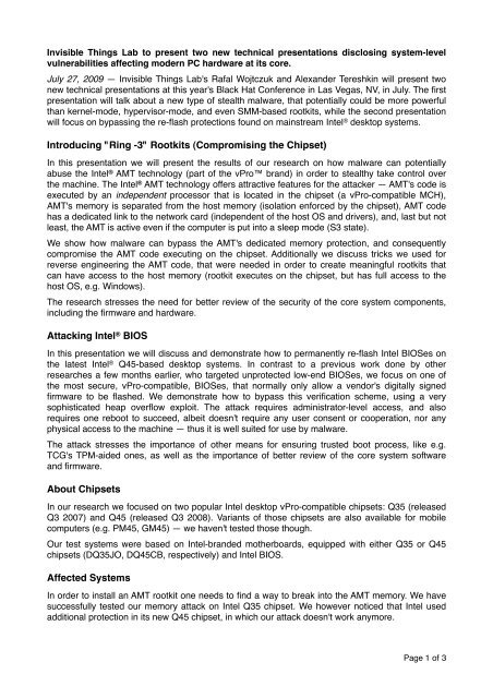 Introducing "Ring -3" Rootkits - Invisible Things Lab