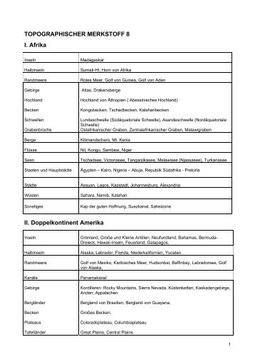 TOPOGRAPHISCHER MERKSTOFF 8 I. Afrika II. Doppelkontinent ...