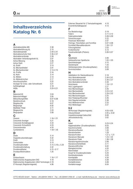 Inhaltsverzeichnis Katalog Nr. 6 - Otto Heuss Orgelteile