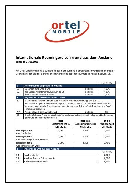 Liste - aller Standard-Roamingtarife Ortel Komplette Mobile