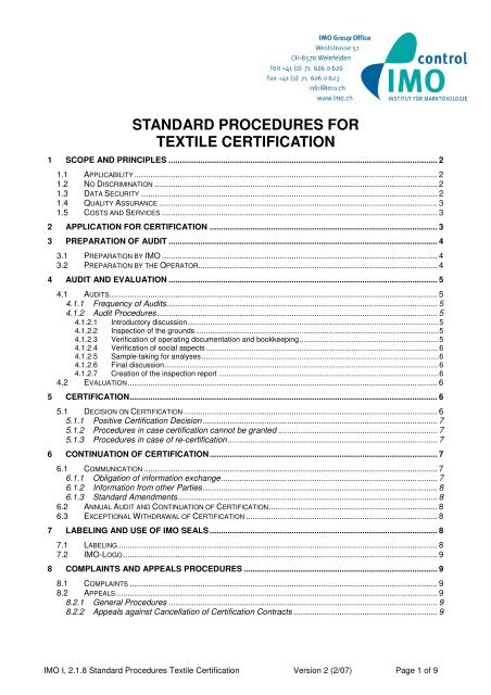 IMO I 2 1 8 Standard Procedure for Textile Certification