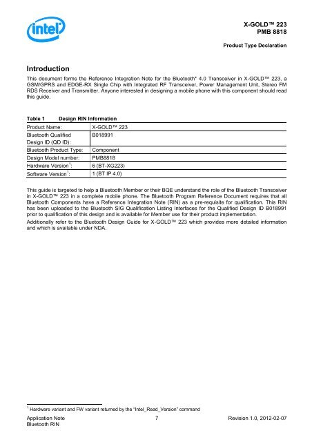 Intel Mobile Communications X-GOLD™ Application ... - Bluetooth.org