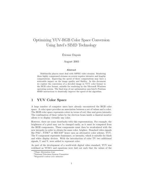 Optimizing YUV-RGB Color Space Conversion Using Intel's SIMD ...