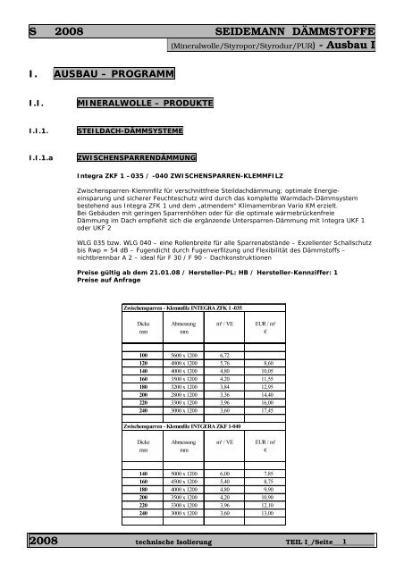 Mineralwolle/Styropor/ Styrodur/PUR - bei Seidemann-Daemmstoffe