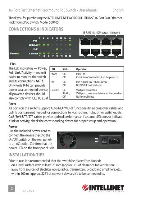 Intellinet 16-Port Fast Ethernet Rackmount PoE Switch ... - Use-IP