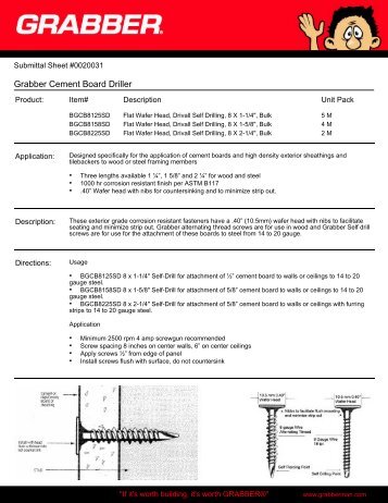 Grabber Cement Board Driller Submittal Form