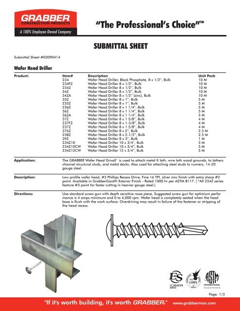 SUBMITTAL SHEET - Grabber Construction Products