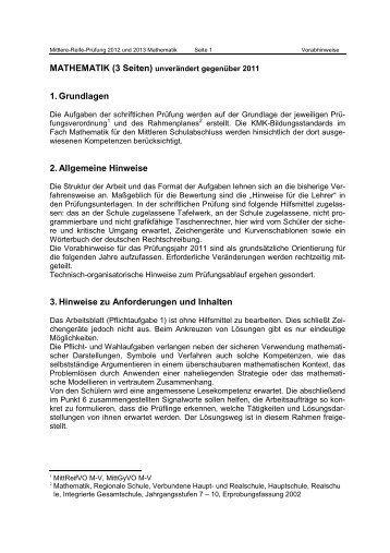 Vorabhinweise Mittlere Reife Mathe 2012_13