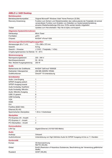 Datenblatt AMILO Desktop Li 3420 - Fujitsu