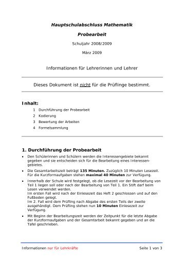 Hauptschulabschluss Mathematik Probearbeit Informationen für ...