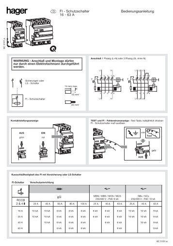 Bedienungsanleitung FI - Schutzschalter 16 - 63 A - Hager