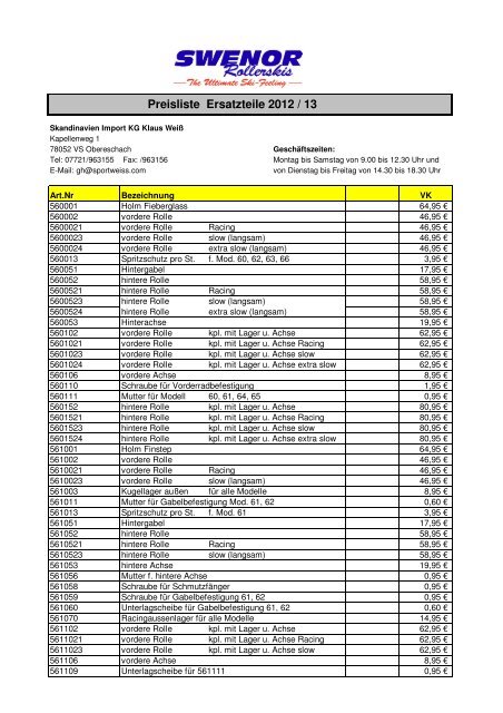 25 - 26 Preisliste Swenor Ersatzteile 12_13 - Sport Weiß